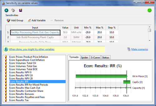 Sensitivity on Variable Values window